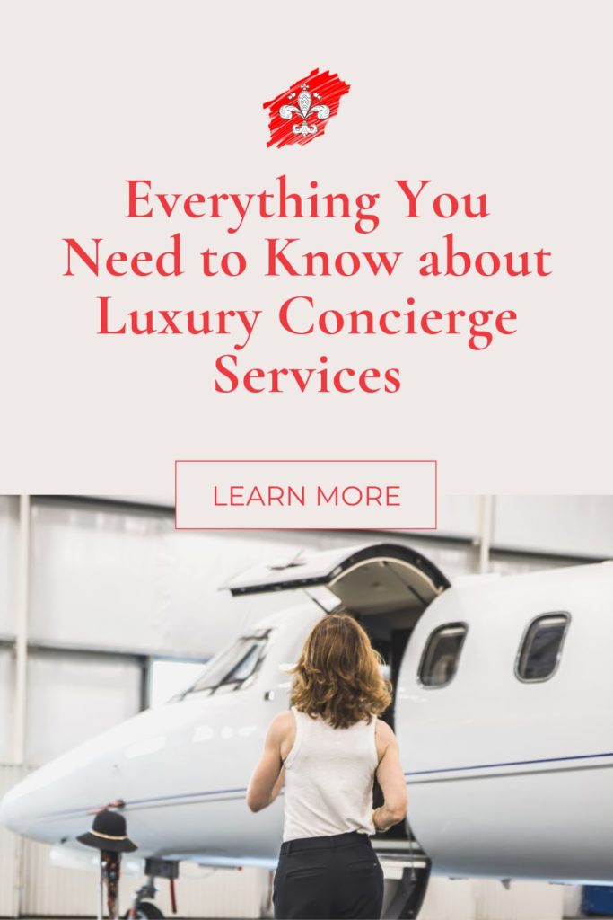 Julie Hullett walking toward a private jet. She is wearing a white shirt and black slacks. Above that, the words "Everything you need to know about Luxury concierge services"