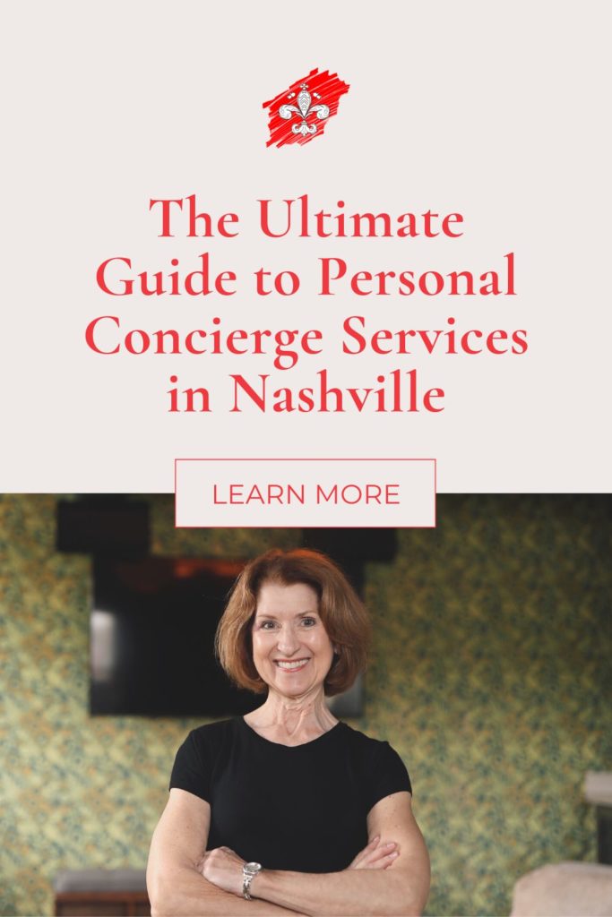 Julie Hullett. Standing in front of a painted mural with green leaves and flowers. Above that, the words "On the Blog; The Ultimate Guide to Personal Concierge Services in Nashville."