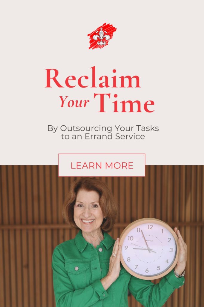 A photo of Julie Hullett holding a clock, about that, the text "Reclaim your time By Outsourcing Your Tasks to an Errand Service"