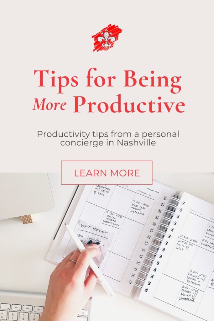 Someone writing in a calendar that is full of meetings. Text near the image says "6 Tips for Being More Productive, Productivity tips from a personal concierge in Nashville" with a button that says "learn more."